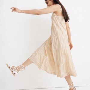 Madewell Yellow and White Striped Button-Back Tiered Midi Dress
